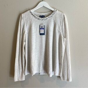 Democracy Mixed Media Rhinestone Scoop Neck Top PXL Heather Off White